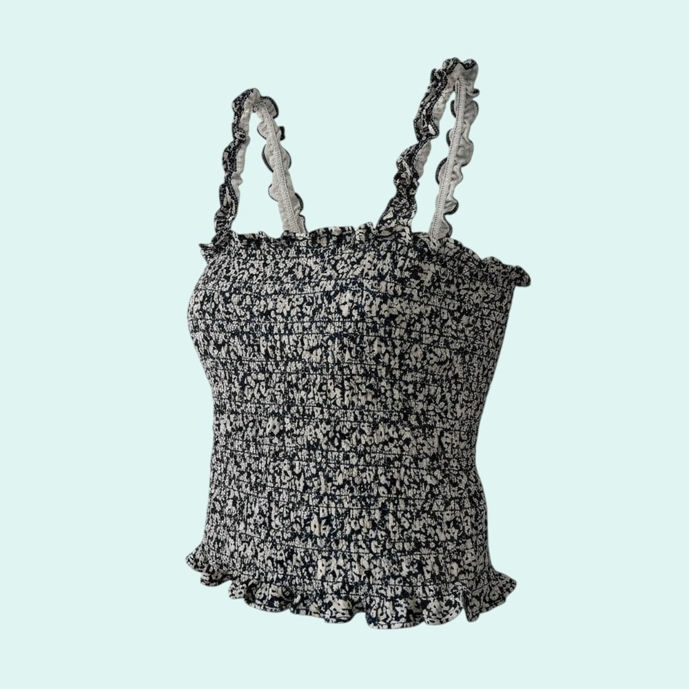 Old Navy Women's M Smocked Floral Ruffle Strap Cropped Cami Top Navy White